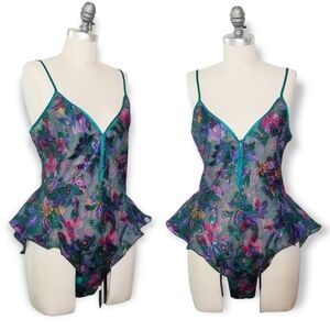 Victoria Secret Gold Label Vintage 90s Floral Satin Sheer Lingerie Bodysuit Tedd